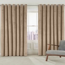 Plush Velvet Curtains PAIR Eyelet Ring Top Thermal Lined Beige Blackout Curtains