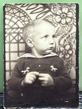 Vintage Photobooth Photo Adorable Little Boy Horses Dogs on Shirt 1930s