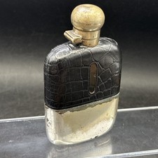Hip Flask 4" Glass Bottle Under Black Leather Vintage Worn EPNS Bottom Cup