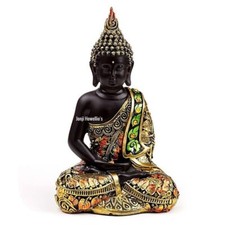 Thai Buddha Meditating Sculpture Contemplation Ornament Black Orange Gold 21 cm
