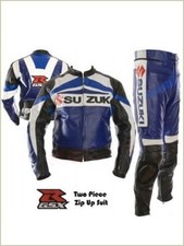SUZUKI GSX BLUE COWHIDE LEATHER MOTORBIKE MOTORCYCLE ARMOURED 2 PIECE SUIT