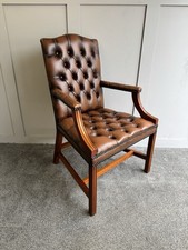 Vintage Brown Leather Arm Chair Deep Button Chesterfield Office Chair