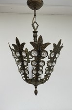 Vintage French Brass Chandelier Pendant With Crystal Drops