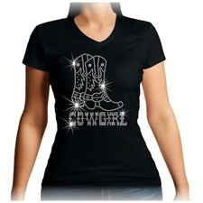 V neck Cowgirl Boots Rhinestone t shirt - Line Dancing Ladies sizes Listed 8-24