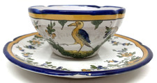 1920s French Bird Majolica Scalloped Coffee Cup & Plate Signed Alfred Renoleau