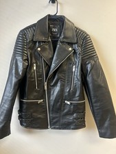 Zara Men’s Faux Leather Jacket Motor Biker Black Zip Up Quilted Shoulders Small