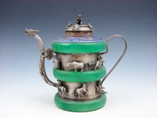 Tibetan Silver Copper 12 Animals Dragons Cloisonne Rim Teapot Monkey #12171909