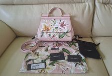 NEW AuthenticDOLCE & GABBANA Sicily Pink Leather White Lily Print Medium Bag