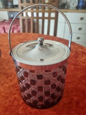 Antique Cranberry Checkered Cut Glass Biscuit/ Sweet  Barrel Silver Plated.