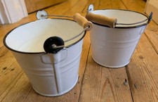 2 x SMALL WHITE ENAMEL BUCKETS - Kitchen Storage Metal Planter Plant Pot Garden