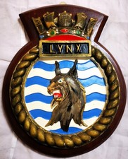 HMS Lynx - Ship Crest Plaque Badge, Hand-Painted, Solid Mahogany Mount, 1.048kg