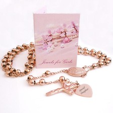 Engraved Rosary Beads in Rose Gold Steel, Rosary Necklace, Personalised Gift