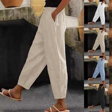 Ladies Elastic Waist Cotton Trousers Women Casual Baggy Wide Leg Harem Pants UK