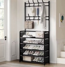 5-Tier Shoe Rack Coat Stand with Hooks Hallway Storage Organiser Black Metal