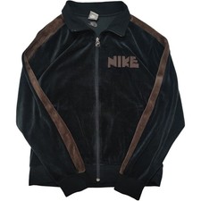 Vintage Nike Velour Track Jacket Embroidered Logo Black Brown Stripes Size L