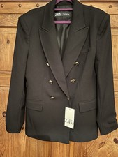 Zara Women's Black Double Breasted Blazer w/ Shoulder Pads & Gold Buttons BNWT L