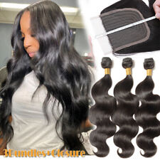 THICK 3Bundles Hair Weave with T Part Lace Closure Virgin Human Hair Pre Plucked