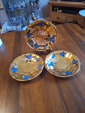 Rare Queen Ann Gold And Blue Rose Saucers X3 Bone China