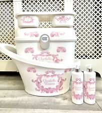 Personalised Shnuggle Baby Bath, Baby Box, top and tail tray Pink Swirl
