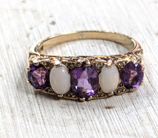9ct Yellow Gold Ring Amethyst and Opal Stones Full UK Hallmarked Ring Size P 1/2