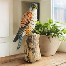 Hand Carved Wooden KESTREL Bird of Prey Sculpture on Tree Stump Fairtrade Gift