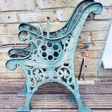 Reclaimed Vintage Cast Iron Garden Bench Ends | Ornate Green Scrollwork | Heavy