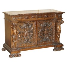 IMPORTANT ANTIQUE CIRCA 1850 FRENCH WALNUT ORNATELY CARVED BUFFET SIDEBOARD
