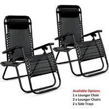 2x Zero Gravity Folding Reclining Chair Garden Adjustable Sun Lounger Side Trays