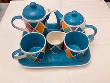 Whittard of Chelsea harlequin Teapot, Coffee pot, Set 2 Cups, Milk Jug, Tray