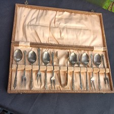 Vintage Boxed Apostle Cocktail Spoon & Fork Set Sugar Nips /Ice Tongs EPNS