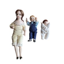Miniature Vintage German Bisque Porcelain Doll Family , Mom, Son and Baby