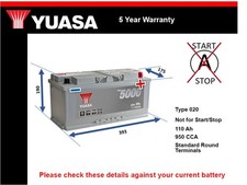 Car Battery YBX5020 Yuasa 020 950A 110Ah 5Yr WTY 393x175x190 Silver High Perf.