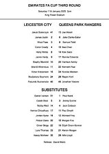 Leicester City v QPR A4 Teamsheet 11/1/2025 FA Cup Third Round