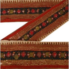 Sanskriti Vintage Decor Sari Border Hand Beaded Trim Sewing Red Sequins Lace 1Yd