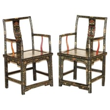 PAIR OF CHINESE ANTIQUE EXPORT CIR 1900 LACQUERED & PAINTED MING STYLE ARMCHAIRS