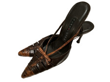 NWOB Pura Lopez Leather Brown Croc Print Kitten Heel Open Back Pumps 39C Spain