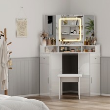 High Gloss Corner Dressing Table LED Lights 3 Mirrors Drawers Makeup Desk Stool