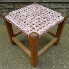 Vintage Woven Top Rattan Style String Wooden Foot Stool Red / Cream 1960s 1970s