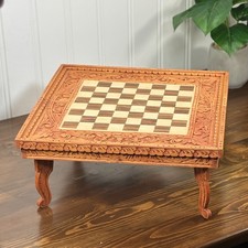 Vintage Hand Carved Wood Chess Board Ornate Inlaid Wood Travel Game Table
