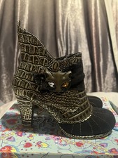Irregular Choice Black & Gold “Miaow” Cat Brooch Ankle Boots With Box