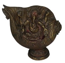 Lord Ganesha Sitting in a Conch Shell Figure Handcrafted Brass Statue Figurine