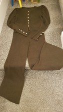 Olive Green 2 Peice Ladies Knitted Suit .Size L Gold Buttons On Front / Sleeves