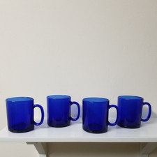 Set of 4 Vintage Arcoroc France Cobalt Blue Glass Coffee Cups Mugs T - 3 3/4"