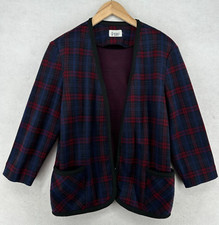 CRICKET LANE Blazer Womens L Plaid Open Front 3/4 Sleeve Blue Vintage