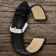 Mens Genuine Black Leather Watch Strap Replacement Band 18mm 20mm 22mm 24mm