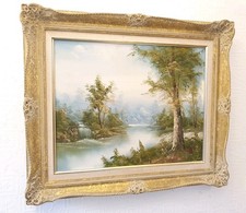 Original Oil Painting Canvas Forest River Landscape Gold Framed  66cm X 56cm