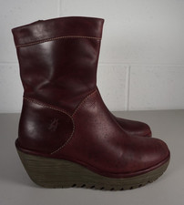 Womens Fly London Maroon Red Leather Platform Wedge Boots - UK 4