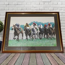 Horse Racing Watercolour Painiting Large Framed and Signed Equestrian