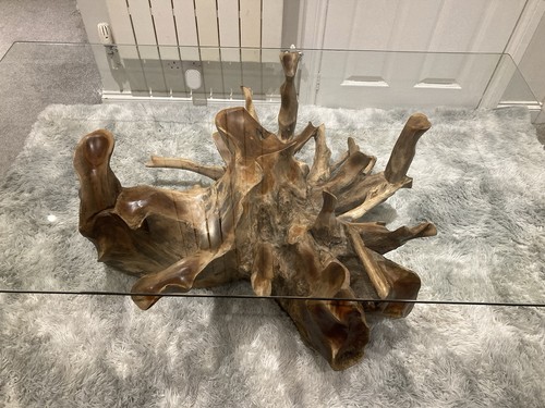 Teak root glass top coffee - teak,