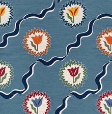 OTTOLINE CURTAIN FABRIC "TULIPS OF BELGRAVIA - BLUE" 3 METRES LINEN BLEND